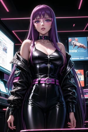 masterpiece,best quality,highres,ultra-detailed,purple hair, long hair, Saori, latex, bodysuit, hacker, computer, monitor, wive, cable, cyberpunk, indoors, neon nigth, Cyborg, chip, cyberpunk, collar, jacket,((cyberpunk glasses))