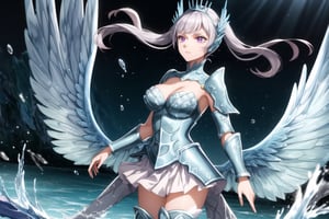 GFX wallpaper featuring Noelle Silva as a Valkyrie, with twintailed silver hair and shimmering water armor that appears both solid and liquid. The scene is illuminated by a radiant sword in her hand, casting light across the battlefield. Her wings, crafted from water, sparkle as if catching the light of a distant sun, and her purple eyes glow intensely. Water splashes around her armor, and energy beams shoot through the background. Her armored dress is detailed with intricate runes and silver accents, all glimmering as if imbued with magic. The background shows crashing waves, with water particles frozen mid-air, glowing in vibrant blue, violet, and white hues.