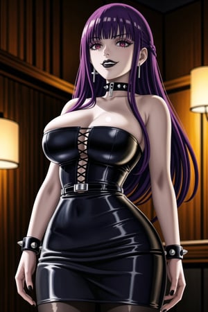 ((best quality)),  ((highly detailed)),  masterpiece,(Black lips:1.4), (white skin:1.4), ((official art)),  detailed face,  beautiful face, (cross-laced clothes:1.3), narrow_waist:1.3, dominatrix:1.4 , (intricate Black dress:1.4), (detailed eyes,  deep eyes),(science fiction, cyberpunk:1.3, street, shopping, dark background),((smirk, grin, naughty face, seductive smile, smug)) ,cowboy shot,(lips), (fern, bangs, ((purple hair)), (sidelocks), long hair, blunt bangs), (bright pupils:1.2), (red eyes:1.3),   (spiked bracelet), corset:1.4,chinese dress:1.2, (intricate black earring:1.3), curvaceous, voluptuous body, (makeup:1.5) (lips:1.3), (latex),  (black tube top:1.2), gloves, fingerless gloves, skirt, black choker, belt, pencil skirt, pantyhose, miniskirt, (black skirt), black gloves, black legwear, black choker, Black nails,large breasts:1.2, conspicuous elegance, snobby, upper class elitist, possesses an arroaant charm. her Dresence commands attention and enw, (intricately detailed, hyperdetailed), blurry background, depth of field, best quality, masterpiece, intricate details, tonemapping, sharp focus, hyper detailed, trending on Artstation, 1 girl, solo, high res, official art,RockOfSuccubus,<lora:659111690174031528:1.0>