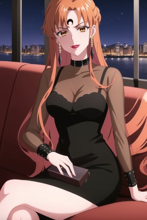 (best quality), (highly detailed), masterpiece, (official art), makeup, ((black moon, forehead mark, crescent facial mark, black crystal earrings)), jewelry, aged up, evil smile, lips, lipstick, asuna yuuki, long hair, orange hair, red hair, brown eyes, looking at viewer,  dress, jewelry, see-through, facial mark, moon,  aged up, forehead mark, crescent facial mark, crystal earrings,  sitting, crossed_legs_(sitting),
Modern luxury lounge with dim lighting, featuring sleek black leather sofas, glass tables, and soft ambient lighting from wall sconces. A large window in the background reveals a city skyline at night, adding a touch of sophistication to the scene,