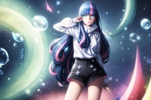 GFX, 1girl, solo, standing, artist name, signature, blurry, no humans, glowing, scenery, light particles, bubble, dark, purple theme,eida,long hair,blue hair,pink hair,multicolored hair,blue eyes,lips,two-tone hair,bangs,blunt bangs, long hair, white sweater, black shorts , Star, Star, posing:1.3