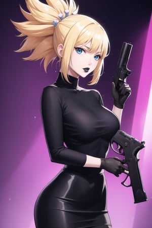 (best quality), (highly detailed), masterpiece, (official art),  kohaku, blonde hair, blue eyes, hair ornament, ponytail, solo,  lips:1.2, black lips:1.4, lipstick:1.2, skirt, black turtleneck shirt, black shirt, latex:1.2, gloves, pencil_skirt, shirt, black gloves, standing, looking at viewer, breasts, black skirt, looking at viewer, (/nightclub scene, neon lights), , club, (nigth club), ,hd quality, perfect face ,realistic, realistic body , perfect face sync,night club,StandingAtAttention,marinette,night club,b1mb0, gun, weapon, holding gun, handgun, holding, pistol, gun, handgun, pistol, holding weapon,  trigger discipline,