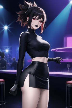 (best quality), (highly detailed), masterpiece, (official art),  kohaku, black hair:1.2, red eyes, hair ornament, ponytail, solo,  lips:1.2, black lips:1.4, lipstick:1.2, skirt, black turtleneck shirt, black shirt, latex:1.2, gloves, pencil_skirt, shirt, black gloves, standing, looking at viewer, breasts, black skirt, looking at viewer, (/nightclub scene, neon lights), , club, (nigth club), ,hd quality, perfect face ,realistic, realistic body , perfect face sync,night club,StandingAtAttention,marinette,night club,b1mb0, 