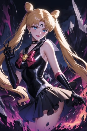 (best quality), (highly detailed), masterpiece, (official art),aausagi, double bun, twintails, parted bangs. blonde hair, makeup, forehead mark, crescent facial mark,  lipstick, black crystal earrings, aged up, sailor moon, black sailor, choker, red bow, black gloves, elbow gloves, blue skirt, latex, A dark and mysterious female character inspired by the style of classic anime. She has an evil face with an evil smile, giving her an imposing and intimidating presence. The overall atmosphere is dark and mysterious, with a sense of power and control emanating from her posture.