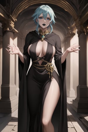 (best quality), (highly detailed), masterpiece, (official art),  Sinon, black lips:1.2, lips:1.3,clad in a flowing black robe with intricate silver runes, standing in the center of an ancient, crumbling temple. The air is thick with magic as she casts a powerful spell, her hands glowing with dark energy. The temple is shrouded in shadows, with broken statues and overgrown vines, and her presence radiates an eerie, otherworldly power., ,hd quality, perfect face ,realistic, realistic body , perfect face sync,,b1mb0, 