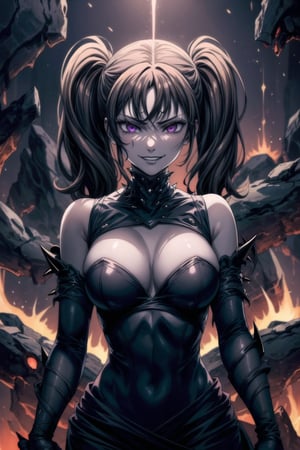 In a masterpiece of anime illustration, Diane, once a loyal minion, now a succubus corrupted by dark power, stands poised for battle in a hellish landscape. Her brown hair is styled in twintails with bangs, framing her face alongside purple eyes that glow with an unnatural light. Black lips curve into a cruel smile as she dons revealing dark armor adorned with infernal symbols and spikes. Glowing red and black highlights accentuate her outfit, matching the malevolent aesthetics of her queen Elizabeth. Diane's posture exudes unwavering loyalty and cruelty, reflecting her complete submission to Elizabeth's will. The hellish background features rivers of lava, jagged rocks, and tormented souls, lit by an eerie red and black glow that emphasizes the dark atmosphere of their infernal domain.