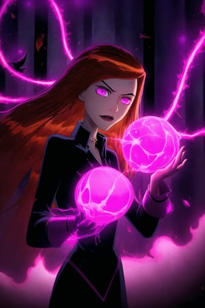 "Dark Sorceress gwentennyson Forbidden Power":
((gwentennyson, long hair, orange hair, red hair)), now twisted by dark magic, stands menacingly in her corrupted form. Gwentennyson, a mysterious figure with long, fiery red hair and piercing black eyes that seem to hypnotize. Her expressionless face is adorned with bold makeup, featuring striking black lips and blush-tipped cheeks. A spiked collar wraps around her neck, adding an air of edginess to the scene. Her once-vibrant violet mage attire has transformed into a shadowy, tattered robe, pulsating with forbidden runes and dark flames. Her eyes glow with an ominous purple hue, and her expression is one of cruel dominance. In one hand, she clutches a cursed, blackened grimoire with glowing violet symbols that pulse with dark energy. Her other hand conjures an ominous ball of dark magic, swirling with shadowy tendrils and streaks of purple lightning.
The background is a dark, shattered void, filled with jagged cracks that leak sinister energy. Magic circles of forbidden glyphs spin around her, their deep purples and blacks contrasting against the darkened backdrop. Glistening, arcane chains twist and writhe in the air, like serpents of shadow, while forbidden runes and sigils shimmer in the darkness. Faint whispers of tortured souls emanate from the chaotic magical storm surrounding her. Streaks of corrupted purple flames and black smoke rise from the ground, engulfing the entire scene in a sense of forbidden power. Sharp, electric effects and glowing dark orbs hover in the air, as Gwendolyn channels the full force of her dark sorcery. The entire image glows with an eerie, shadowy light, casting deep, high-contrast shadows, and creating a menacing, oppressive atmosphere.,