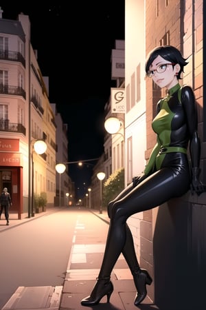 ((best quality)),  masterpiece,    sarada, black eyes, glasses, collar, earrings, jewelery, (microchip), cyberpunk, paris, ruin,night ,(shegosuit) , (expressionless:1.2), smile, lips, scenery,  blurry background, 1 girl,  high res,  official art,empty eyes