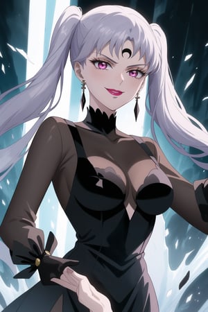 (best quality), (highly detailed), masterpiece, (official art), (noelle_silva,silver hair,twintails,bangs,jewelry), makeup, ((forehead mark, crescent facial mark, black crystal earrings)), aged up, evil smile, lips, lipstick, posing, anime coloring, ((black dress, long sleeves, see-through)), pink dress, side slit, A dark and mysterious female character inspired by the style of classic anime. She has an evil face with an evil smile, giving her an imposing and intimidating presence. The overall atmosphere is dark and mysterious, with a sense of power and control emanating from her posture.,