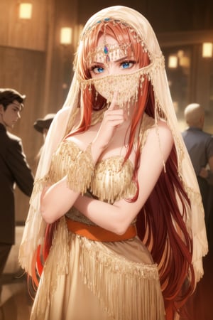 ((best quality)), ((highly detailed)), masterpiece, ((official art)), detailed face, beautiful face, (detailed eyes, deep eyes), seductive posing, (cowboy shot),asuna yuuki, long hair, brown hair, orange hair, red hair, empty eyes:1.2, v3il, face veil, (forehead jewel opal), crystal head veil, (cowboy shot), eyeliner, eyeshadow, makeup, ,ethereal nightgown, (sash), (cowboy shot), grand hall, . shallow depth of field, vignette, highly detailed, high budget, bokeh, cinemascope, moody, epic, gorgeous, film grain, grainy,jyojifuku,asuna yuuki, veil, see-through