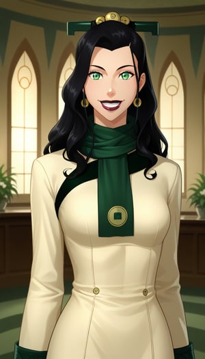 score_9, score_8_up, score_7_up, intricate details,1girl, Long hair, black hair, lipstick, green eyes, asami,, indoors,joo dee, dress, scarf, hair ornament, grin, smile, lips, joo dee,  full body