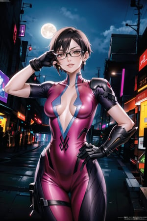 ((best quality)), ((highly detailed)), masterpiece, ((official art)), shino asada, ((black hair:1.2)), short hair, glasses, hair between eyes, hair ribbon, sidelocks, short hair with long locks, earrings,  (lips), evil smile, hand on hip,cowboy shot, (widowsuit:1.2), black gloves, medium breasts, tattoo, (arm tattoo:1.2) ,(pose:1.3), best quality, masterpiece, intricate details, scenary, outdoors, street, nigth, moon, (cyberpunk:1.2), star_(sky), spacecraft,trending on Artstation,  ,widowsuit,arm tattoo,aayelan