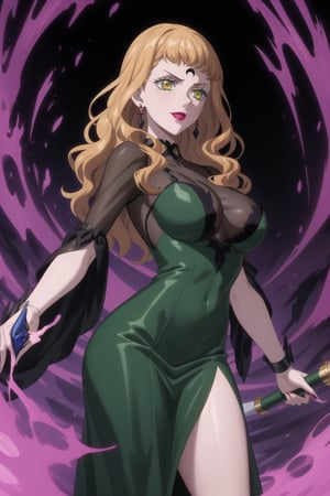 evil smile, red eyes, jewelry,  earrings, makeup, facial mark, lipstick,  forehead mark, crescent facial mark, black crystal earrings,crescent, , dress,black dress, see-through,,side slit, ,mimosa vermillion, orange hair, green eyes
(best quality), (highly detailed), masterpiece, (official art), A dark and mysterious female character inspired by classic anime style,  She has a cold, expressionless face with pale skin and dark, bold lips, giving her a commanding and intimidating presence.  The overall atmosphere is dark and mysterious, with a sense of power and control emanating from her poised stance.