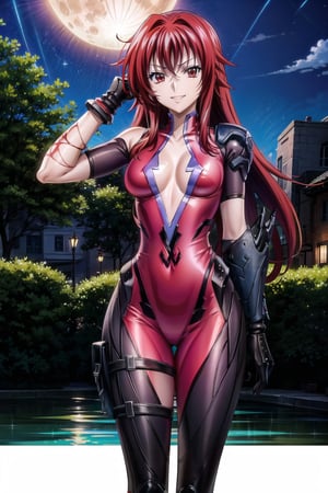 ((best quality)), ((highly detailed)), masterpiece, ((official art)), (rias gremory, red hair, high school dxd:1.2),  (red eyes), cyberpunk ,(evil smile:), (widowsuit:1.2),medium breasts, tattoo, (arm tattoo:1.2) , pose, best quality, masterpiece, intricate details, scenary, city, outdoors, rain, water drop, night, sky, moon, trending on Artstation, thigh gap, black gloves