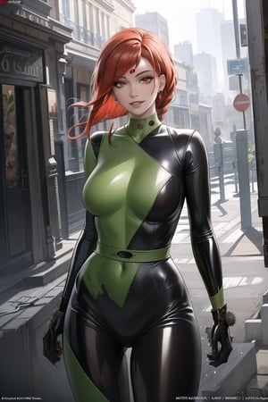 ((best quality)),  ((highly detailed)),  masterpiece,  ((official art)),   (makima, braided ponytail, ringed eyes, red hair), red eyes, earrings, (microchip:1.2), cyberpunk, paris, ruin, water drop, (shegosuit), green bodysuit, latex ,smile, lips, pose, cowboy_shot, scenery, intricately detailed,  hyperdetailed,  blurry background, depth of field,  best quality,  masterpiece,  intricate details,  tonemapping,  sharp focus,  hyper detailed,  trending on Artstation, 1 girl,  high res,  official art