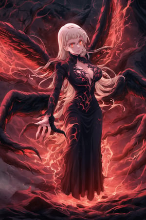 A masterpiece of dark fantasy: elizabeth, malevolent demon, lips curled into an evil smile, long flowing white hair cascading down her back like a fiery waterfall. Her delicate ahoge and intricate black gown billow softly as she floats amidst hell's fiery depths. Black wings spread wide behind her, emitting a darkness-infused light that adds to her ominous presence. Red eyes gleam with malevolent intent as she stands poised, arms outstretched in a violent welcome. Softly glowing fire illuminates her figure, while rays of dark light pierce the heavens above, casting an eerie glow on Rias' demonic form. The hellish landscape before her is bathed in red hues, as if infernal flames are breaking through to create this haunting atmosphere.