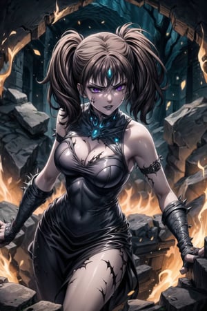 Diane, a succubus warrior, stands ready in the fiery depths of hell, her brown hair styled in twintails with bangs, framing her sinister purple eyes. Her lips are painted a deep, glossy black, accentuating her cruel demeanor. She wears dark armor adorned with infernal symbols and spikes, accented by glowing red and black highlights. In the background, lava rivers flow through jagged rocks, surrounded by tormented souls. The eerie lighting casts an ominous glow on Diane's pose of unwavering loyalty and combat readiness, reflecting her submission to Elizabeth's cruel will.