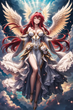 (best quality), (highly detailed), masterpiece, (official art), Rias Gremory as a serene angel, lips smile, with long flowing red hair and a delicate ahoge, luminous white wings spread wide behind her. She is wearing a simple, elegant white gown that flows gracefully around her, softly billowing as she floats in the sky. Rias stands with her arms gracefully open, as if welcoming you with a serene and benevolent presence, her yellow eyes. Rays of divine light shine down from the heavens, illuminating her figure, while she hovers among soft, glowing clouds. The sky is a serene blend of soft pastels, with golden rays breaking through, creating a heavenly and peaceful atmosphere. Her wings emit a gentle, ethereal light, adding to her angelic presence.