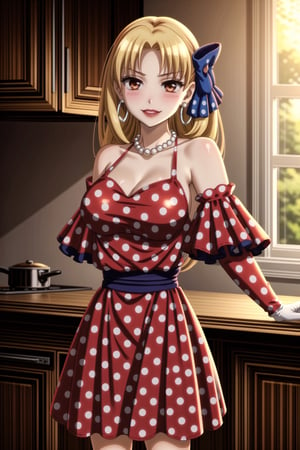 ((best quality)),  ((highly detailed)),  masterpiece,1girl, 1girl,  seductive smile, solo,   (Stepford),lips, makeup, lipstick,red lips, (pose),(polka dot:1.4), (polka dot dress:1.4),(pearl necklace:1.2), pearl bracelet, bare shoulders,(red dress:1.2),aroused, blush ,standing,  (large pearl necklace), (hoop earrings:1.2), looking at viewer, standing, cowboy shot, kitchen, cooking, indoors, house, windows, cortain, food,luviagelita edelfelt, hair bow, puffy sleeves, gloves, long sleeves, smug,<lora:659111690174031528:1.0>