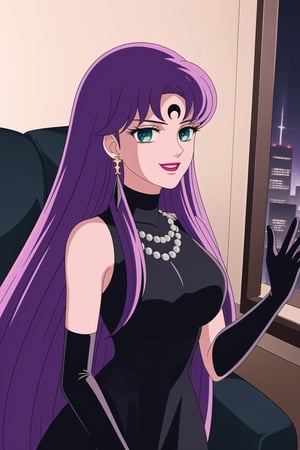 (best quality), (highly detailed), masterpiece, (official art),Saori Kido, long purple hair. blue eyes, bangs, lips, smile, lipstick, makeup,evil smile:1.2, 
((Forehead mark, crescent facial mark, black crystal earrings, jewelry)).  Dark  dress, black latex, black sleeveless dress, turtleneck_dress, short dress, elbow gloves, green gloves, thighhighs, large necklace, ((gemstone necklace:1.2)), standing,
Modern luxury lounge with dim lighting, featuring sleek black leather sofas, glass tables, and soft ambient lighting from wall sconces. A large window in the background reveals a city skyline at night, adding a touch of sophistication to the scene