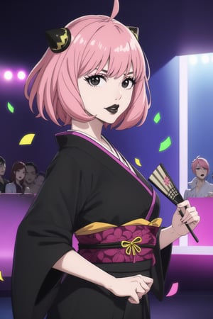 (best quality), (highly detailed), masterpiece, (official art),  ,anya forger:1.3,ahoge, hair ornament,( anya, hair ornament, pink hair, short hair), lips:1.2, black lips:1.4, makeup:1.2, lipstick:1.2,  makeup, black eyes:1.2,black kimono,obi, dance,hand fan,white confetti,, looking at viewer, (/nightclub scene, neon lights)), , club, (nigth club), ,hd quality, perfect face ,realistic, realistic body , perfect face sync,night club,StandingAtAttention,marinette,night club,b1mb0, dancing:1.2,