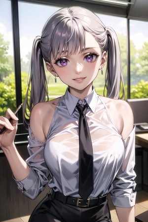 (best quality), (highly detailed), masterpiece, (official art), oelle_silva, long hair, purple eyes, twintails, bangs, earring, silver hair,  lips, smile, necktie,  bare shoulders,  shirt tucked in,looking at viewer, shirt, black necktie, white shirt, medium breasts,window, formal, office lady,pencil skirt, black belt,  (intricately detailed, hyperdetailed), blurry background,depth of field, best quality, masterpiece, intricate details, tonemapping, sharp focus, hyper detailed, trending on Artstation,1 girl, solo,high res,official art