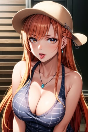 ((best quality)), ((highly detailed)), masterpiece, ((official art)), detailed face, beautiful face, (detailed eyes, deep eyes), seductive posing, (cowboy shot),asuna yuuki, long hair, brown eyes, orange hair, red hair, purple lips:1.2, 1girl, blonde hair, multicolored hair, bangs, one side up, long hair,   jewelry, earrings, medium breasts, plaid, white headwear, sunglasses, tank top, baseball cap, black tank top, looking over eyewear, open plaid shirt , hat, cleavage, jewelry, collarbone, upper body, tongue, tongue out, necklace