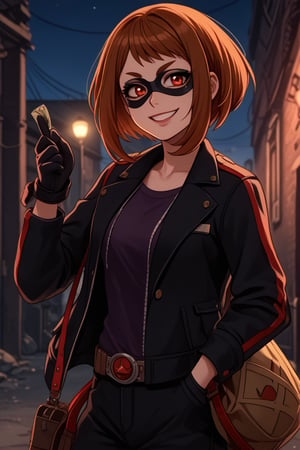 score_9, score_8_up, score_7_up, intricate details,1girl, malicious expression, sadistic grin, villainous attitude,lips, black lips, grin, red eyes, smirk, evil smile,1girl, Ochako Uraraka, thief outfit, loose black jacket, cargo pants, wearing a domino mask, carrying a large money bag, exiting a bank vault, broken safe in the background, dark gloves, quick getaway, alarm lights flashing, dimly lit scene, red emergency lighting, cautious posture, money spilling from bag, night-time heist, dark alley, tense atmosphere,(ncursioDipDyedHair,red IncursioDipDyedHair