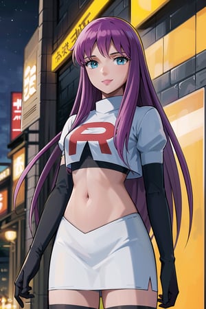(best quality), (highly detailed), masterpiece, (official art),  Saori Kido, Purple Hair, Long Hair, Blue Eyes, posing, lips, smile, Team Rocket, cropped jacket, white jacket, crop top, jacket, gloves, black gloves, elbow gloves, navel, midriff, white skirt, miniskirt, skirt, thighhighs,, looking at viewer, china, asiática, city, night, sky, (intricately detailed, hyperdetailed), blurry background,depth of field, best quality, masterpiece, intricate details, tonemapping, sharp focus, hyper detailed, trending on Artstation,1 girl, high res, official art,Saori Kido,(female grunt),Saori