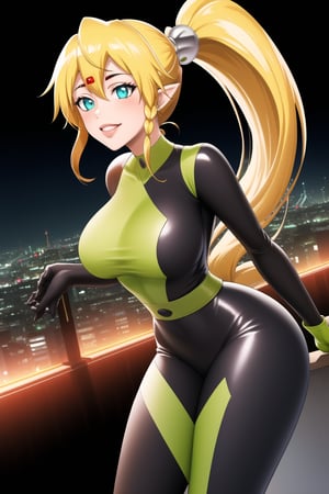 ((best quality)),  masterpiece, dynamic angle, (microchip), leafa, pointy ears, long hair, ponytail, braid, blonde hair, cyberpunk, paris, ruin,night ,(shegosuit) , smile, lips, scenery,  blurry background, 1 girl,  high res,  official art,empty eyes,b1mb0