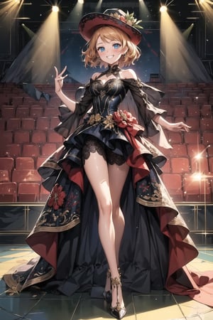 ((best quality)),  ((highly detailed)),  masterpiece,  ((official art)),  serena, 1girl, solo, orange hair, blue eyes, blonde hair, short hair, hat, red headwear, wrenchelegadome, black dress, layered dress, long dress, stage, stage lights, spotlight, concert, audience,  standing split, standing on one leg, grin, blush
