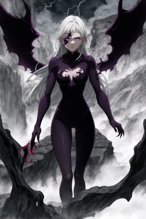 monochrome,greyscale,(tattoo,facial mark,aura,glowing,bodypaint,smoke,dark aura:1.2),1girl,long hair,medium breasts,black hair,angry,purple eyes,wings,claws,looking at viewer,nude,censored,armor,convenient censoring,Elizabeth, black hair, lips, ruler of hell, stands as a malevolent dictator, her long hair flowing like darkness itself, gradient from white to dark, framing her cold gaze.  reflects her dominance and cruelty. The background features a hellish landscape: rivers of lava, jagged rocks, tormented souls, and dark clouds with lightning. Eerie, red and black glows illuminate the scene, capturing the dark and oppressive atmosphere of her dominion.