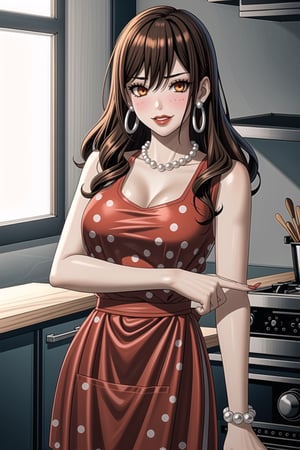 ((best quality)),  ((highly detailed)),  masterpiece,1girl, 1girl,  evil smile:1.2, smug, seductive smile, solo,   (Stepford),lips, makeup, lipstick,red lips, (pose),(polka dot:1.4), (polka dot dress:1.4),(pearl necklace:1.2), pearl bracelet, bare shoulders,(red dress:1.2),(aroused), blush ,standing,  (large pearl necklace), (hoop earrings:1.2),  (apron), blush,, looking at viewer, standing, cowboy shot, fingernails, kitchen, cooking, indoors, house, windows, cortain, food, hori kyouko, brown hair, orange eyes,<lora:659111690174031528:1.0>