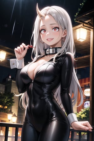 masterpiece,best quality,highres,ultra-detailed, eri, long hair, (red eyes:1.5), grey hair, horns, child, single horn, tall woman, hoop earring, long_sleeves,large breasts, evil smile, crazy, grin, naughty_face, collar, makeup:1.2, lips:1.2, (((black bodysuit, wrist cuffs))), latex:1.3, large breasts, cleavage, outdoors, nigth, rain, street,standing