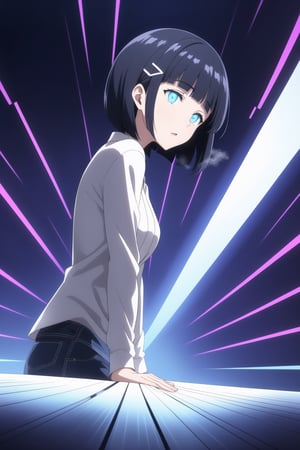 ((best quality)),  masterpiece, dynamic angle, (microchip), suguha, Bob cut, short hair, black hair, hair clip,  Anime illustration, close-up of a woman, standing, completely hypnotized, in a trance. Wearing a casual outfit with a white blouse and blue jeans, eyes wide open with swirling patterns, expression blank and unresponsive, arms hanging limply at her sides. Background is a dark room with a glowing, spiraling hypnotic pattern on a large screen behind her, casting an eerie light. The room is dimly lit with shadows, creating a mysterious and unsettling atmosphere. Subtle fog effects on the floor, adding to the surreal ambiance.