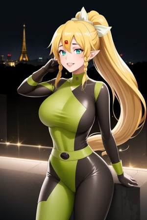 ((best quality)),  masterpiece, dynamic angle, (microchip), leafa, pointy ears, long hair, ponytail, braid, blonde hair, cyberpunk, paris, ruin,night ,(shegosuit) , smile, lips, scenery,  blurry background, 1 girl,  high res,  official art,empty eyes,b1mb0