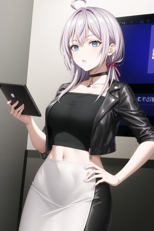 Close-up shot of Alya, grey hair cascading between piercing blue eyes, tied back with a vibrant red ribbon and ahoge framing her face. She stands confidently, one hand resting on her hip, wearing a stylish crop top, pencil skirt, and black jacket, complete with a choker. Her tablet PC hand holds steady as she's surrounded by modern tech: computer monitor and phone screens. Soft gradient background creates a sleek atmosphere. Alya's casual pose features parted lips, exuding intelligence and composure.