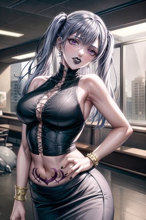 ((best quality)),  ((highly detailed)),  masterpiece,  ((official art)), (noelle_silva, silver hair,purple eyes, twintails, bangs, earrings, jewelry),RockOfSuccubus, (lips:1.2), (black lips:1.3), black nails, (( arms_at_sides:1.2, hand_on_own_hip, head_tilt)),  (pubic tattoo:1.3),  navel, midriff, sleeveless, bare shoulders, figure, turtleneck, ((black shirt)), (black pencil skirt), (office), lady office, , building, bracelet, parted lips, indoors, intricately detailed, hyperdetailed, blurry background, depth of field, best quality, masterpiece, intricate details, tonemapping, sharp focus, hyper detailed, trending on Artstation, 1 girl, high res, official art