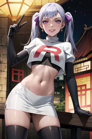 (best quality), (highly detailed), masterpiece, (official art), noelle_silva, silver hair,purple eyes, twintails, bangs, earrings, jewelry, posing, lips,( evil smile), Team Rocket, cropped jacket, white jacket, crop top, jacket, gloves, black gloves, elbow gloves, navel, midriff, white skirt, miniskirt, skirt, thighhighs,, looking at viewer, china, asiática, city, night, sky, (intricately detailed, hyperdetailed), blurry background,depth of field, best quality, masterpiece, intricate details, tonemapping, sharp focus, hyper detailed, trending on Artstation,1 girl, high res, official art