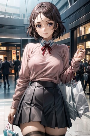 ((best quality)),  ((highly detailed)),  masterpiece,  ((official art)),  detailed face,  beautiful face,  (detailed eyes,  deep eyes),(, shopping_mall,, retail_therapy),  cowboy shot, extravagant shopping spree,  (shopping:1.2),high society,(smile:1.2, happy), rika, brown hair, hair clip, brown eyes, freckles,Black skirt,school uniform,((pink sweater:1.2)), zettai ryouiki, neck ribbon pleated skirt, black thighhighs,(at sides, looking at sides), curvaceous,  voluptuous body,  medium breast,  (intricately detailed, hyperdetailed), blurry background, depth of field, best quality, masterpiece, intricate details, tonemapping, sharp focus, hyper detailed, trending on Artstation, 1 girl, solo, high res, official art,RockOfSuccubus