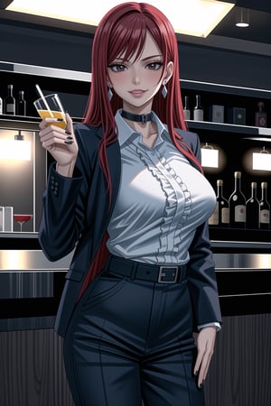 ((best quality)),  ((highly detailed)),  masterpiece,1girl, 1girl, (lips:1.2), seductive smile, smirk, naughty_face,nail polish, solo,   black pants,  formal,  black jacket,  open jacket,  (white shirt),  belt, ,  black jacket, (black suit),  long sleeves,  shirt tucked in,, (black choker), blush, earrings, black nails, looking at viewer, standing, cowboy shot, fingernails,  bar,outdoor,lamp,nigth,space, alcohol, sexy pose:1.2, purple nails, wristband, erzascarlet, red hair,,<lora:659111690174031528:1.0>