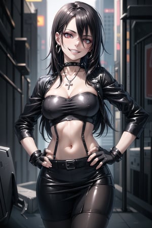 ((best quality)),  ((highly detailed)),  masterpiece,  ((official art)),  detailed face,  beautiful face,  (detailed eyes,  deep eyes),(science fiction, cyberpunk, street,dark background),((smirk, grin, naughty face, seductive smile, smug, arm behind head, hand_on_own_hip, head_tilt)),, ,cowboy shot,(lips), ,kirito_ggo, long hair, hair_between_eyes, black hair,  (red eyes),  cross-laced clothes, (spiked bracelet), necklace, corset, bustier, hoop earring, curvaceous, voluptuous body, navel, (makeup:1.3) (lips:1.3), (latex), (black top), (black tube top:1.2), gloves, fingerless gloves, jacket, skirt, black choker, black leather jacket, (dark jacket), belt, pencil skirt, pantyhose, open jacket, miniskirt, (black skirt), black gloves, black legwear, black choker, medium breast, conspicuous elegance, snobby, upper class elitist, possesses an arroaant charm. her Dresence commands attention and enw, (intricately detailed, hyperdetailed), blurry background, depth of field, best quality, masterpiece, intricate details, tonemapping, sharp focus, hyper detailed, trending on Artstation, 1 girl, solo, high res, official art