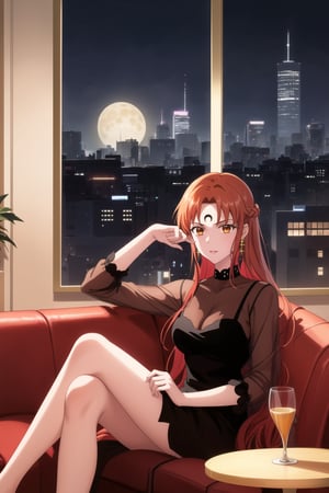 (best quality), (highly detailed), masterpiece, (official art),asuna yuuki, long hair, orange hair, red hair, brown eyes, looking at viewer,  dress, jewelry, see-through, facial mark, moon,  aged up, forehead mark, crescent facial mark, crystal earrings,  sitting, crossed_legs_(sitting),
Modern luxury lounge with dim lighting, featuring sleek black leather sofas, glass tables, and soft ambient lighting from wall sconces. A large window in the background reveals a city skyline at night, adding a touch of sophistication to the scene,