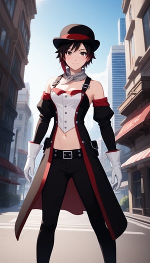 score_9, score_8_up, score_7_up, intricate details, ruby rose, short hair, black hair, red hair, grey eyes,gloves, hat, navel, brown eyes, detached sleeves, midriff, belt, pants, white gloves, black headwear, bowler hat,, cityscape, street, bent over, smile, looking at viewer, solo, cowboy shot, dutch angle