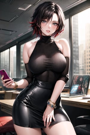 ((best quality)),  ((highly detailed)),  masterpiece,  ((official art)), (ruby rose), lips, sleeveless, bare shoulders, figure, turtleneck, black shirt, black pencil skirt, office, lady office, print skirt, floral print, high-waist skirt, shirt_tucked_in, building, bracelet, parted lips, cellphone picture, indoors, intricately detailed, hyperdetailed, blurry background, depth of field, best quality, masterpiece, intricate details, tonemapping, sharp focus, hyper detailed, trending on Artstation, 1 girl, high res, official art,