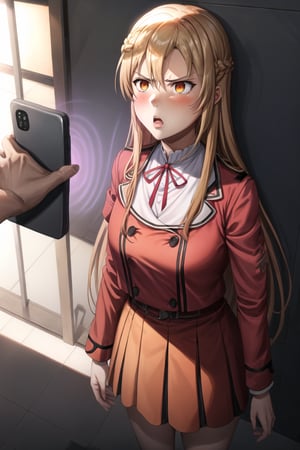  (mind_control:1.2), (beautiful_hands), (perfect_hands),  (backPhone:1.2),1girl, solo, asuna yuuki,  long hair, french braid, orange hair, angry expression, furrowed brows, lips, open mouth, angry, 
,school uniform, standing in hallway, slight blush of frustration, hallway with background students looking over, bright afternoon sunlight, dramatic shadows on floor,b1mb0, looking_at_viewer, looking_at_viewer