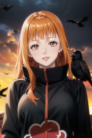 anime, hdr, soft light, ((best quality)), ((masterpiece)), (detailed), mimosa vermillion, wavy hair:1.2, red eyes, red earrings, red hair, orange hair, lips, makeup, head tilt, evil smile:1.2, (lips), (akatsuki outfit:1.2),high neck, high_collar, black dress, long sleeves, looking at viewer, upper body, dutch angle, village, (((crows))),sunset, rain, water drop, nature, ,akatsuki outfit, bird, crow, eagle, black feathers, bird on shoulder, sunset, orange sky, outdoors, upper body,fantasy00d,