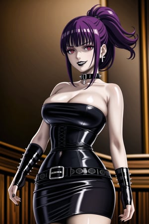 ((best quality)),  ((highly detailed)),  masterpiece,(Black lips:1.4), (white skin:1.4), ((official art)),  detailed face,  beautiful face, (cross-laced clothes:1.3), narrow_waist:1.3, dominatrix:1.4 , (intricate Black dress:1.4), (detailed eyes,  deep eyes),(science fiction, cyberpunk:1.3, street, shopping, dark background),((smirk, grin, naughty face, seductive smile, smug)) ,cowboy shot,(lips), (fern, bangs, purple hair, (sidelocks:1.3), (ponytail:1.3), blunt bangs), (red eyes:1.3),   (spiked bracelet), corset:1.4,chinese dress:1.2, (intricate black earring:1.3), curvaceous, voluptuous body, (makeup:1.5) (lips:1.3), (latex),  (black tube top:1.2), gloves, fingerless gloves, skirt, black choker, belt, pencil skirt, pantyhose, miniskirt, (black skirt), black gloves, black legwear, black choker, Black nails,large breasts:1.2, conspicuous elegance, snobby, upper class elitist, possesses an arroaant charm. her Dresence commands attention and enw, (intricately detailed, hyperdetailed), blurry background, depth of field, best quality, masterpiece, intricate details, tonemapping, sharp focus, hyper detailed, trending on Artstation, 1 girl, solo, high res, official art,RockOfSuccubus,<lora:659111690174031528:1.0>