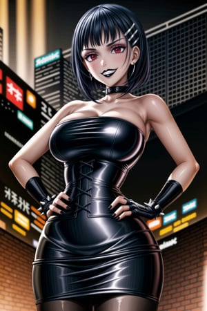((best quality)),  ((highly detailed)),  masterpiece,(Black lips:1.4),  ((official art)),  detailed face,  beautiful face, narrow_waist:1.3 , (intricate Black dress:1.4),(detailed eyes,  deep eyes),(science fiction, cyberpunk:1.3, street, shopping, dark background),((smirk, grin, naughty face, seductive smile, smug, arm behind head, hand_on_own_hip, head_tilt)),, ,cowboy shot,(lips), ,kirigaya suguha, blunt bangs, short bangs, black hair:1.3, short hair, hair ornament, hairclip,(red eyes),  cross-laced clothes, (spiked bracelet), corset:1.4,chinese dress:1.2, hoop earring, curvaceous, voluptuous body, (makeup:1.3) (lips:1.3), (latex),  (black tube top:1.2), gloves, fingerless gloves, skirt, black choker, belt, pencil skirt, pantyhose, miniskirt, (black skirt), black gloves, black legwear, black choker, Black nails,large breasts, conspicuous elegance, snobby, upper class elitist, possesses an arroaant charm. her Dresence commands attention and enw, (intricately detailed, hyperdetailed), blurry background, depth of field, best quality, masterpiece, intricate details, tonemapping, sharp focus, hyper detailed, trending on Artstation, 1 girl, solo, high res, official art,RockOfSuccubus,<lora:659111690174031528:1.0>