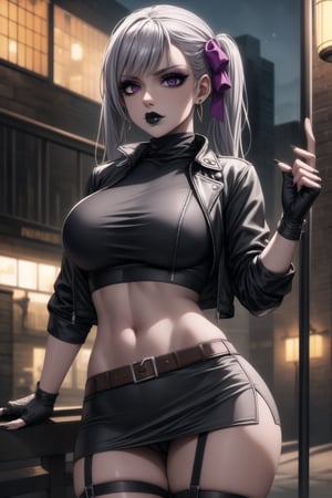 ((best quality)), ((highly detailed)), masterpiece, ((official art)), detailed face, beautiful face, (detailed eyes, deep eyes), seductive posing, (cowboy shot),noelle_silva,silver hair,twintails,bangs,purple eyes,  (sexy:1.3),   (makeup, black lips:1.3),( pale white skin, very white skin, goth, long eyelashes), medium to big breasts, black gloves, black jacket:1.2, black skirt:1.2, black belt ,closed mouth, cowboy shot, ((turtleneck, black crop top)), hoop earrings, fingerless gloves, gloves, highres, black leather jacket, jewelry, , midriff, miniskirt, navel, pencil skirt, skirt, solo, standing, stomach, striped, striped bow, thigh strap, city street, nighttime, intricately detailed, hyperdetailed, blurry background, depth of field, best quality, masterpiece, intricate details, tonemapping, sharp focus, hyper detailed, trending on Artstation, 1 girl, high res, official art